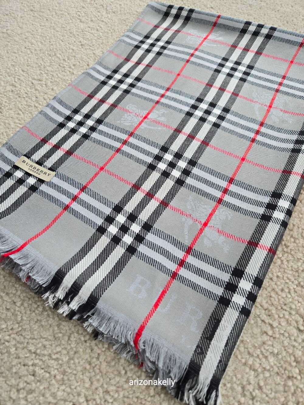 Burberry Grey Nova Check Plaid Scarf With Jacquard Branding & Equestrian Knight - Picture 12 of 13